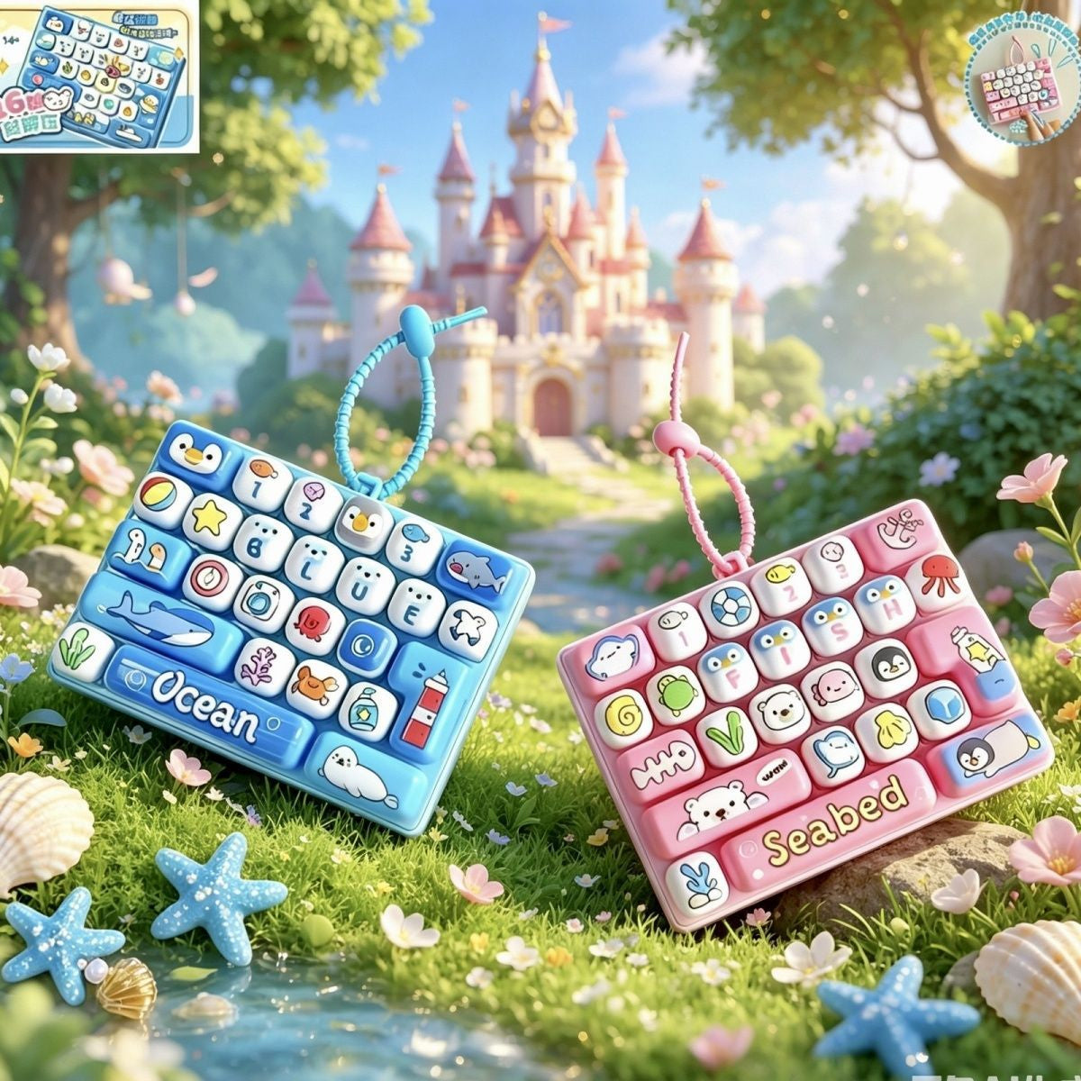 Mini Ocean Seabed Theme Fidget Keyboard Toy, 26 Keys Cute Marine Animal Sensory Pop It with Lanyard for Kids Stress Relief