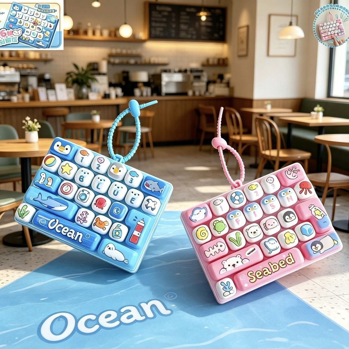 Mini Ocean Seabed Theme Fidget Keyboard Toy, 26 Keys Cute Marine Animal Sensory Pop It with Lanyard for Kids Stress Relief