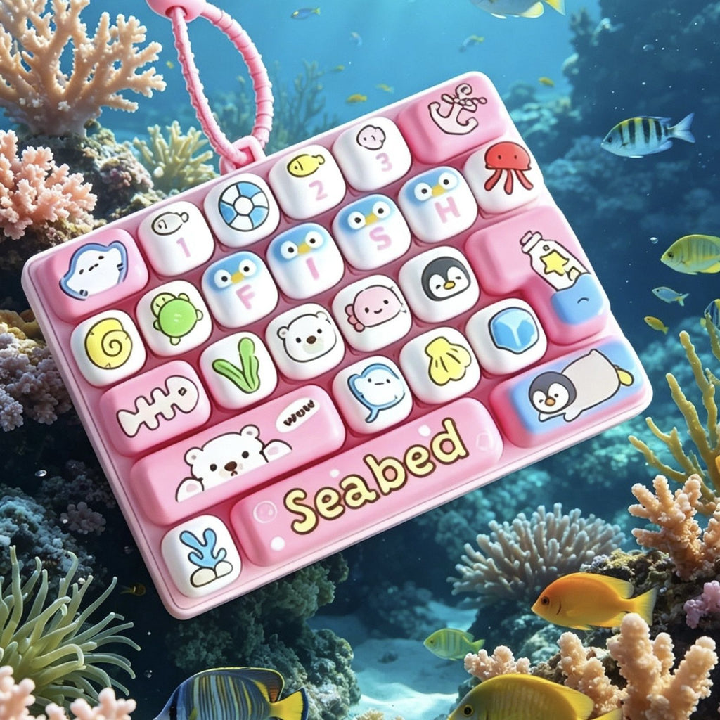 Mini Ocean Seabed Theme Fidget Keyboard Toy, 26 Keys Cute Marine Animal Sensory Pop It with Lanyard for Kids Stress Relief