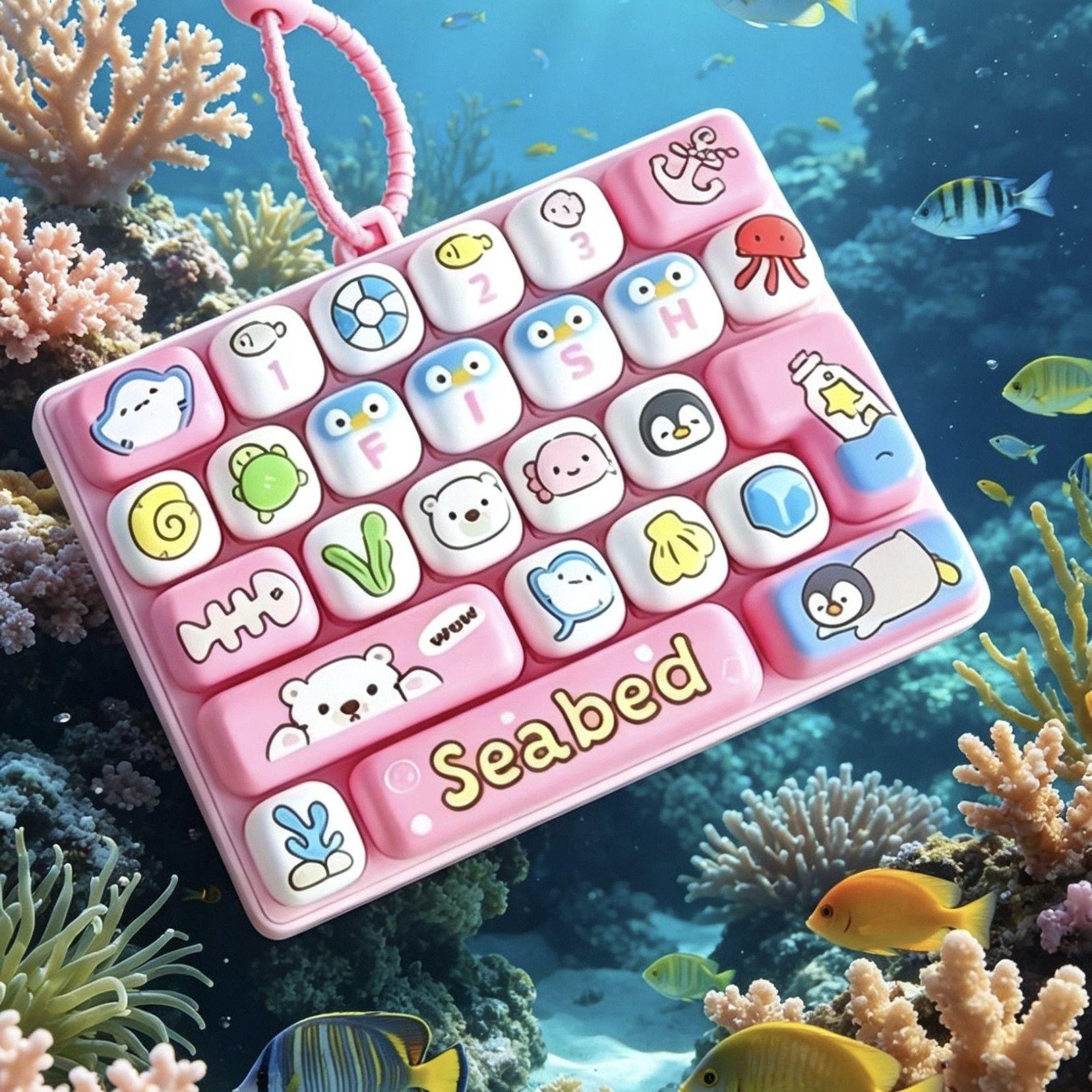 Mini Ocean Seabed Theme Fidget Keyboard Toy, 26 Keys Cute Marine Animal Sensory Pop It with Lanyard for Kids Stress Relief