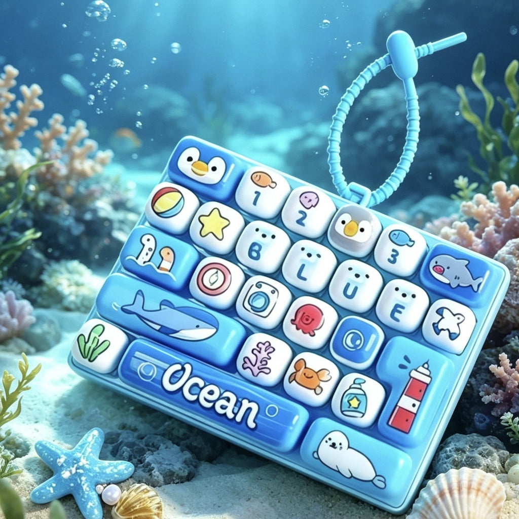 Mini Ocean Seabed Theme Fidget Keyboard Toy, 26 Keys Cute Marine Animal Sensory Pop It with Lanyard for Kids Stress Relief