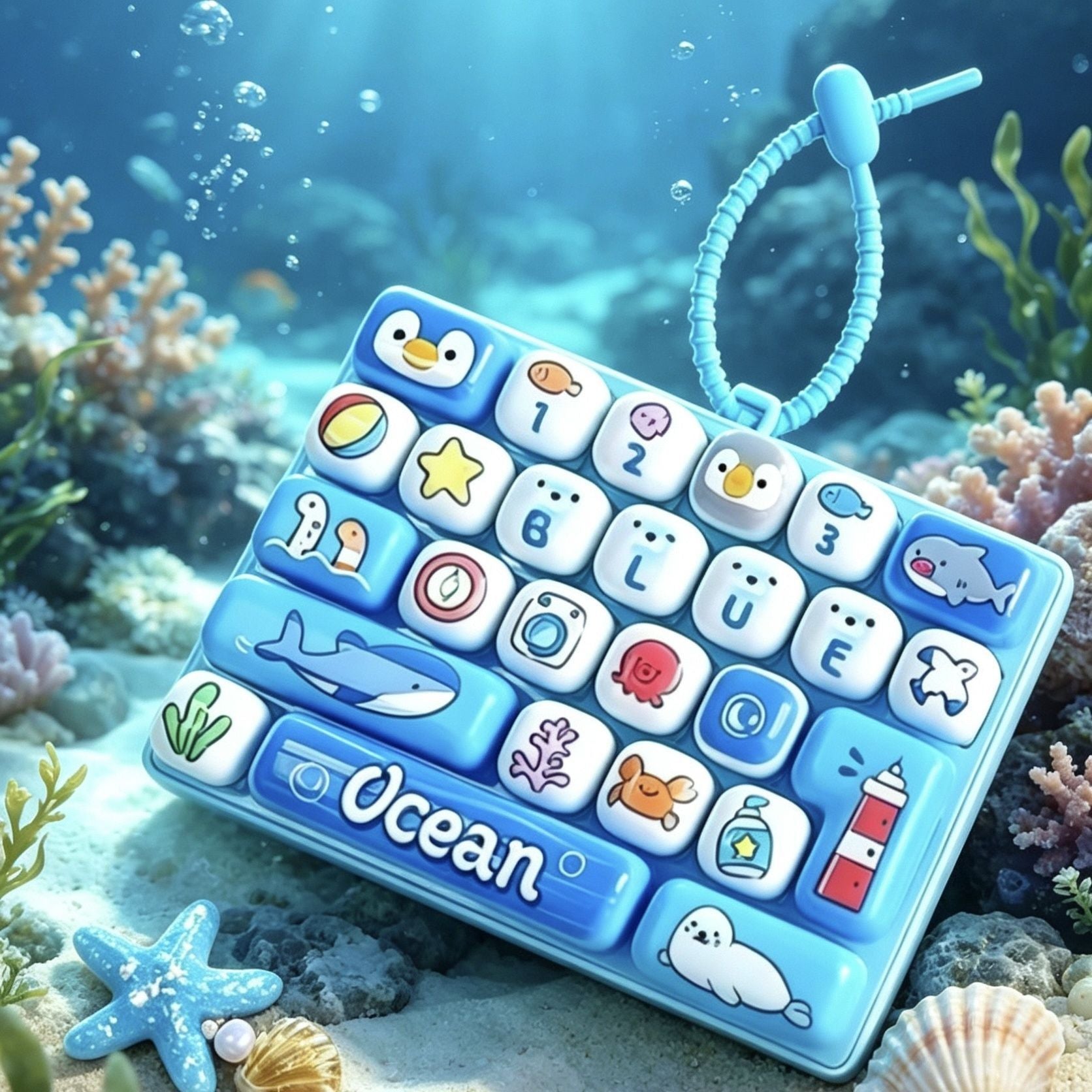Mini Ocean Seabed Theme Fidget Keyboard Toy, 26 Keys Cute Marine Animal Sensory Pop It with Lanyard for Kids Stress Relief